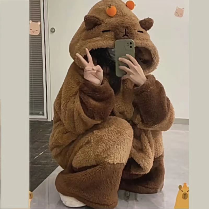 Capabala winter New thickened fleece nightgown cartoon cute style long coral fleece pajamas women's homewear