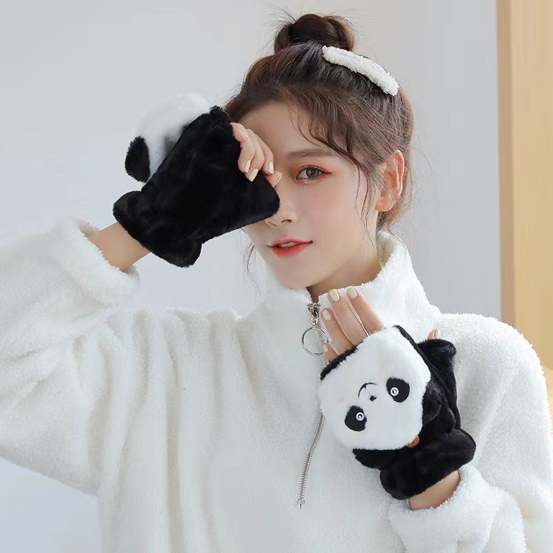 Korean version of winter warm flap plush gloves cute cartoon panda cold finger leakage student gloves manufacturers wholesale