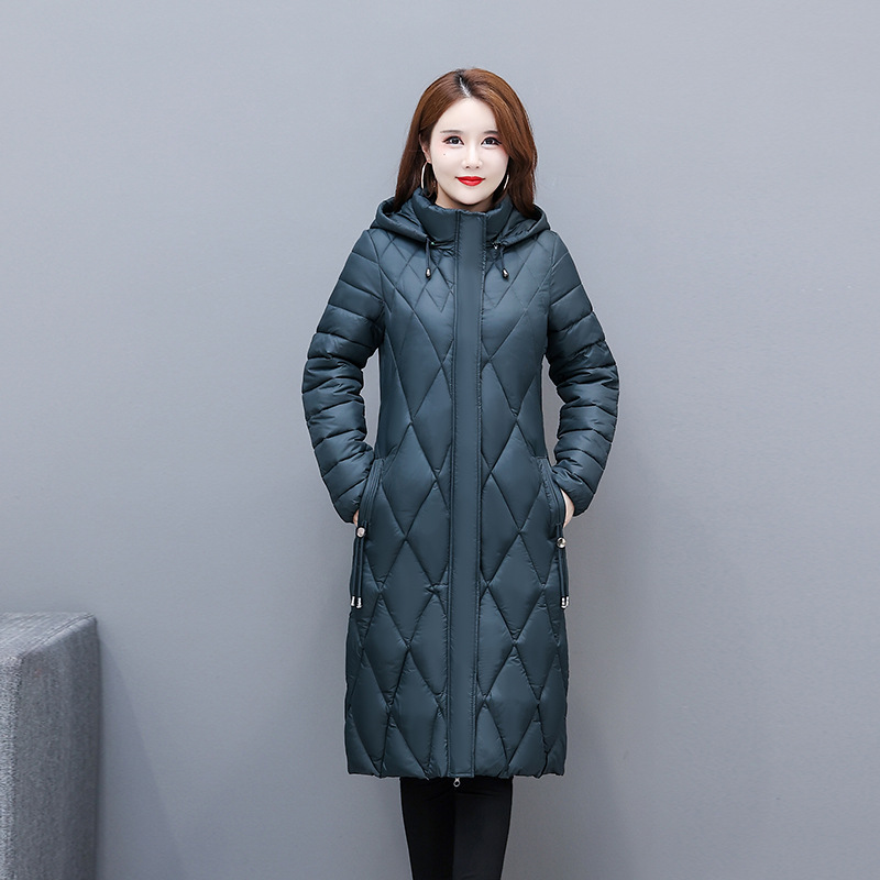 2023 New Style Cotton-padded Coat Women's Rhombic Long Over-the-knee Light Down Cotton-padded Coat Women's Hooded Coat Winter Slim-fit Slimming