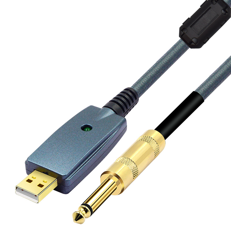 Laptop USB male to 6.35MM guitar male audio recording cable with power indicator