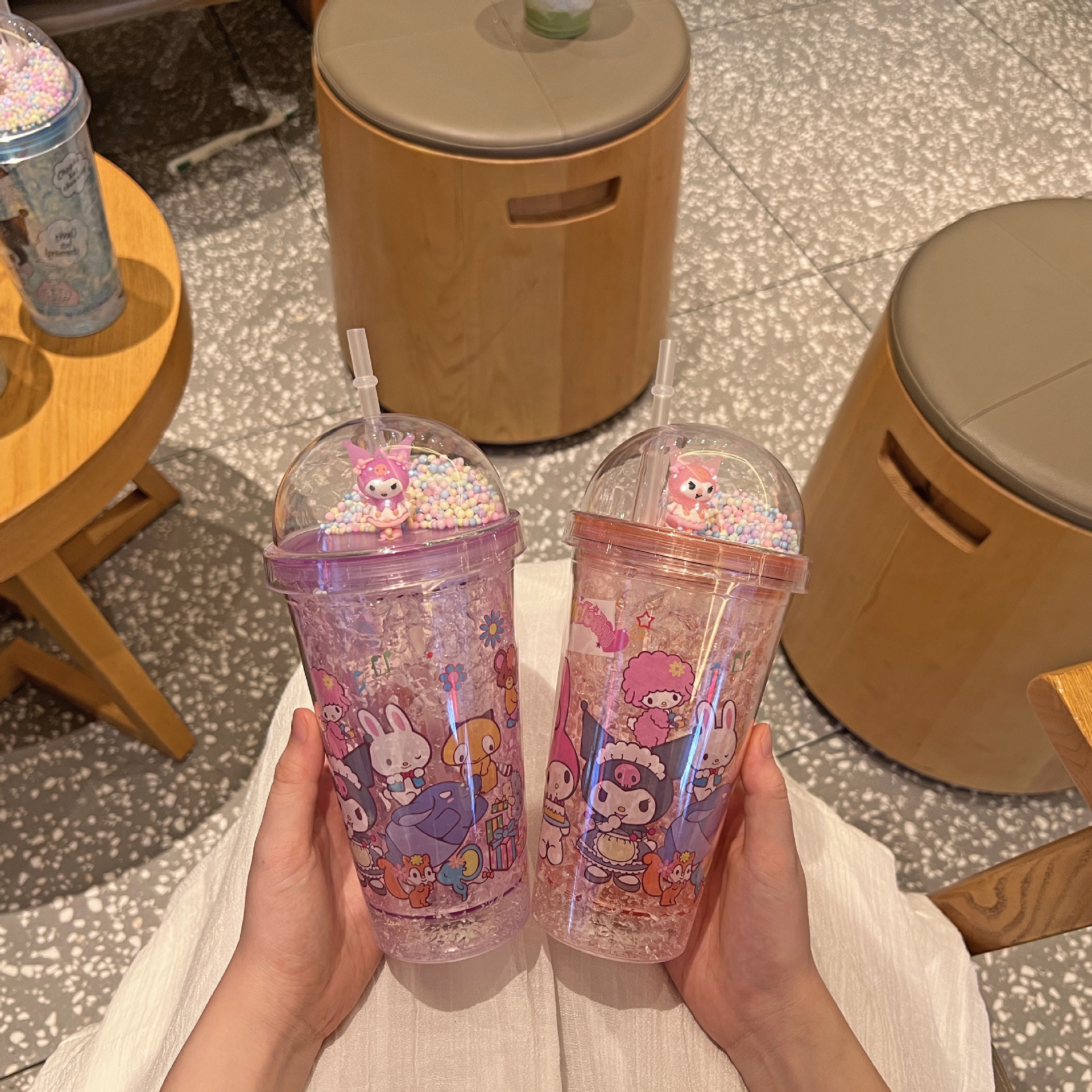 Cross-border new high-value summer net red kulomi cartoon plastic water cup straw water cup double-layer crushed ice cup