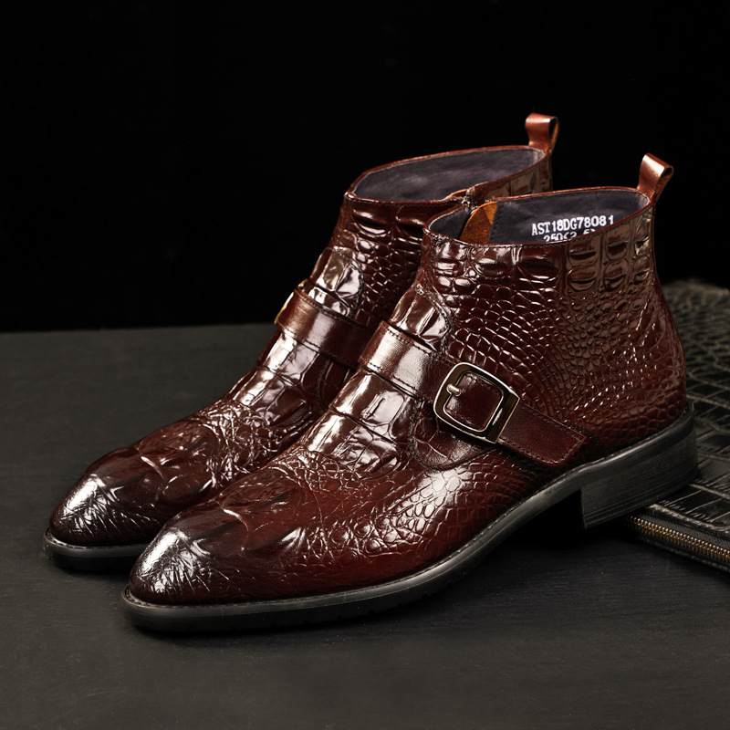 2023 boots men's high-top leather shoes crocodile leather boots zipper martin boots cowhide leather pointed toe European and American men's boots