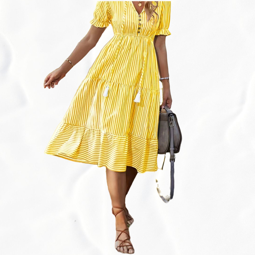 2023 women's striped dress V-neck elastic waist short sleeve big swing dress