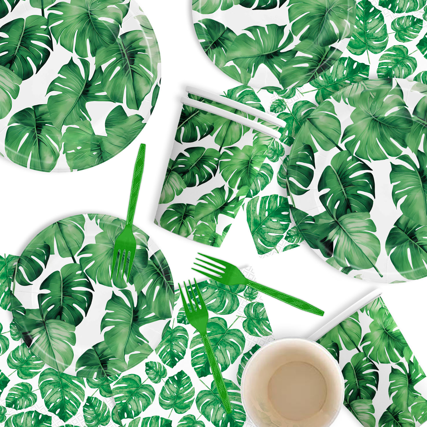 Cross-border New Hawaiian Tropical Party Supplies with Palm Leaf Decoration Party Live Plate Cup Set