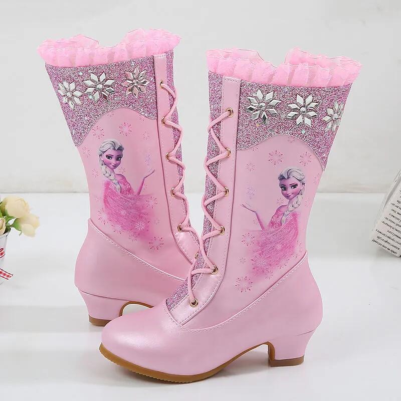 Children's High Heel Boots 2021 Autumn and Winter Girls Princess Elsa Boots Little Girls Fleece Cotton Boots Baby Leather Boots