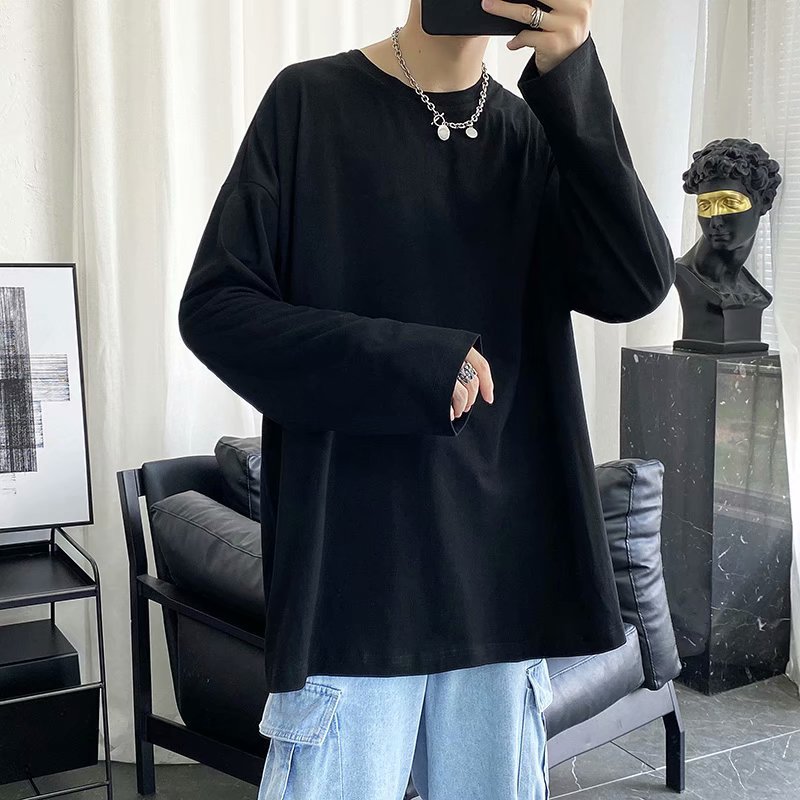 Autumn Long-sleeved T-shirt Men's Loose All-match Hong Kong Style Trendy Brand Trendy Solid Color Base Shirt Top Blank Advertising Shirt T-shirt