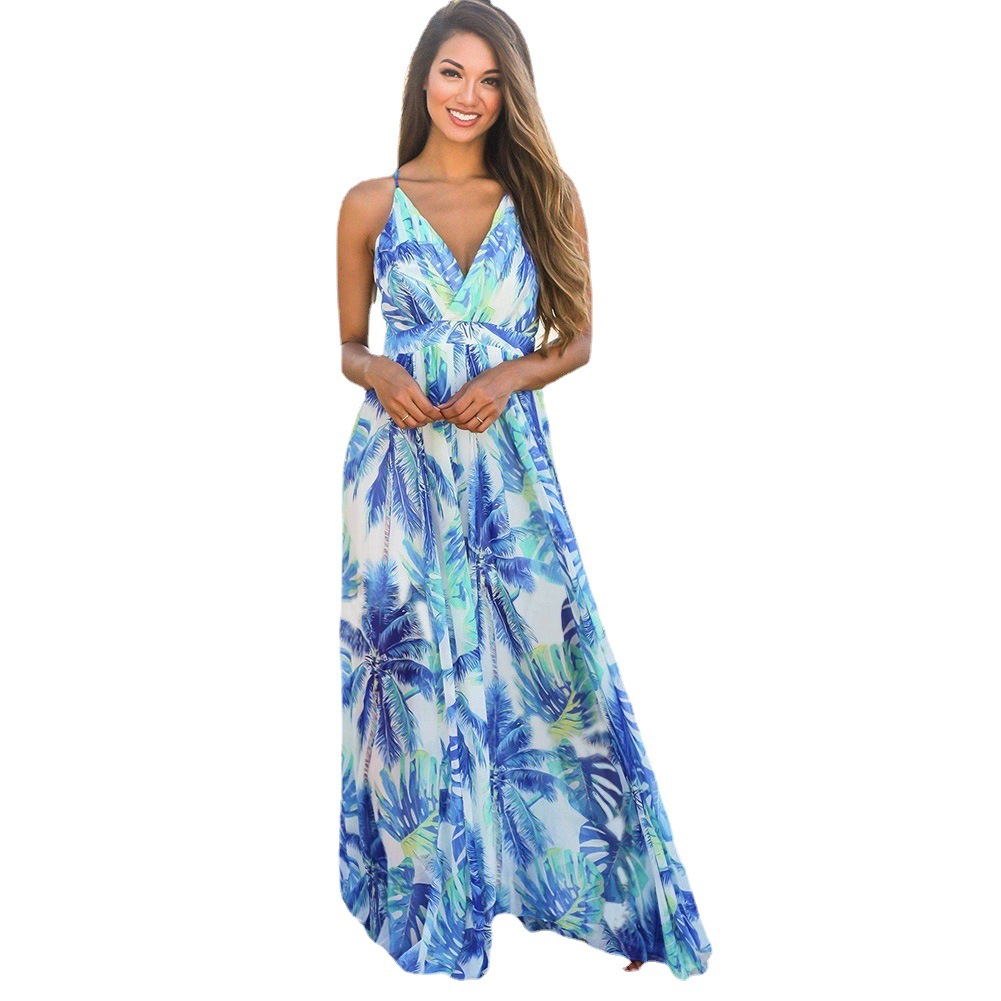 Dress Summer New Women's Long Dress European and American Cross-border Amazon Explosions Suspender Dress Printed Beach Long Dress