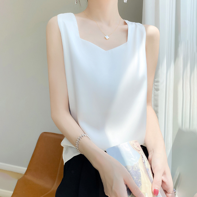 Silk 2024 Spring and Summer Women's New Slim-fit Wide Band V-neck Short Elegant Inner Top Camisole Vest