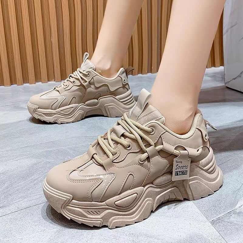 Leather clunky sneakers for women 2023 New genuine leather platform women's shoes autumn and winter height increasing casual running shoes