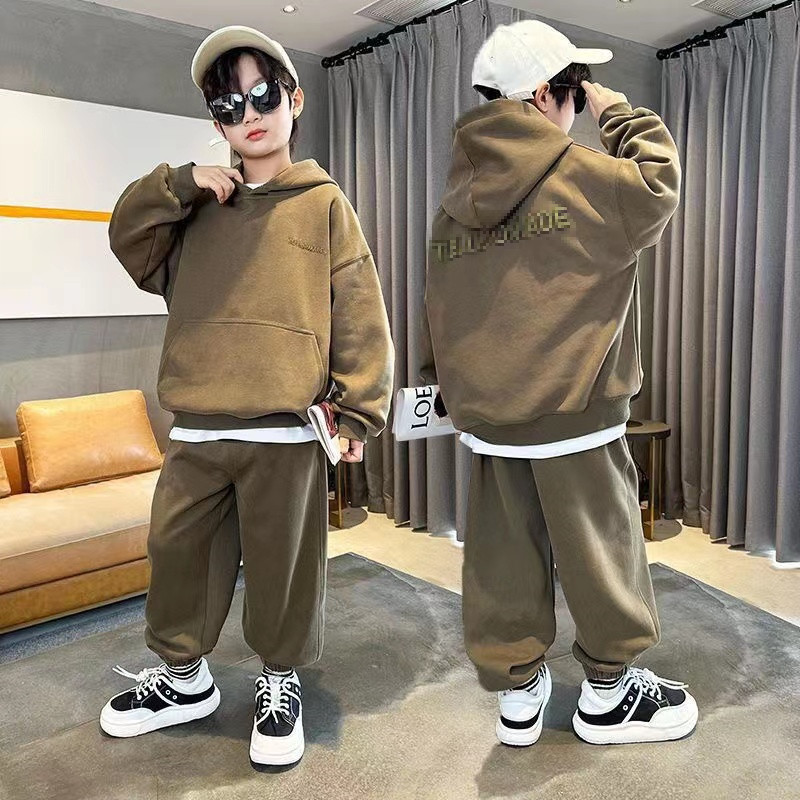 Autumn new children's western style hooded sweater suit medium and big children handsome fashion candy color prominent letters suit