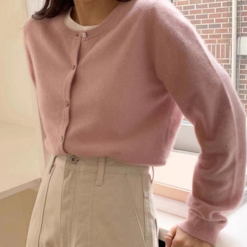 Raccoon Fur short knitted cardigan autumn and winter women's clothing 2023 new round neck stacked bottoming sweater coat top