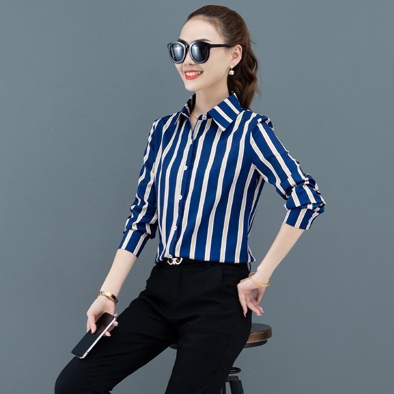 New Printed Striped Shirt Women's Long-sleeved Striped Business Wear Work Clothes Large Size Women's Fashionable Base Shirt Women's White