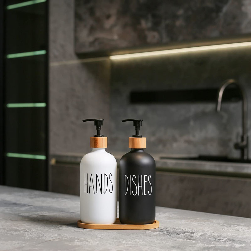 Amazon 500ml bamboo cover black and white glass bathroom supplies hand sanitizer bottle soap bottle Lotion Bottle