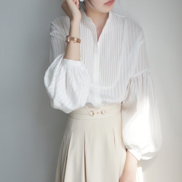 French Retro Dark Vertical Stripe Pit Pleated Small Stand Collar Loose Fashionable Artistic Design Lantern Sleeve Shirt Spring and Autumn