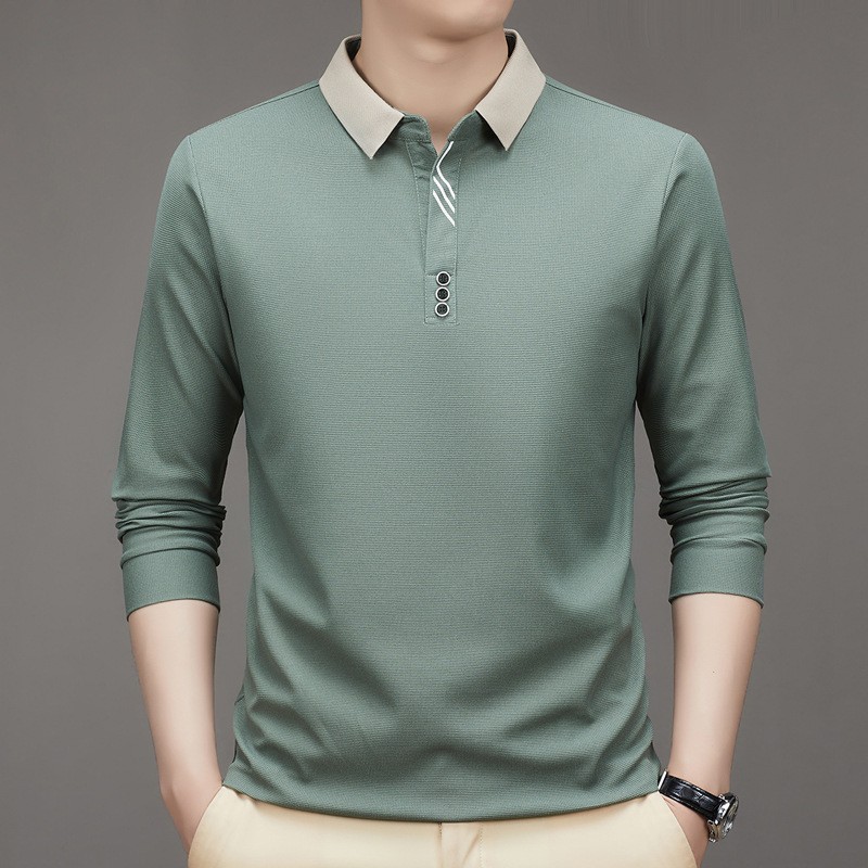 New Men's Autumn New Long-sleeved Polo Shirt Men's Business Scissor Collar Fit Solid Color Lapp Base T-shirt for Men