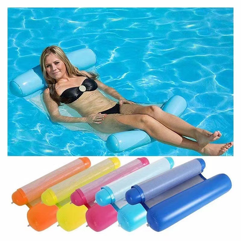 Cross-border Wholesale Water Pool Recliner Foldable Inflatable Backrest Striped Rebrand Water Hammock Swimming Ring Floating Bed