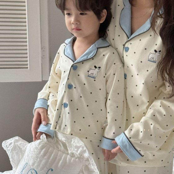 Size 24 New Parent-Child Long-Sleeved Home Clothes suit Cotton Lapel Pajamas Two-Piece Set for Boys and Girls