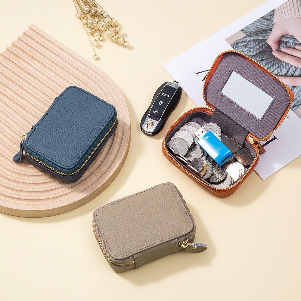 New mini leather lipstick bag with Mirror first layer cowhide makeup storage bag change coin earphone bag for women