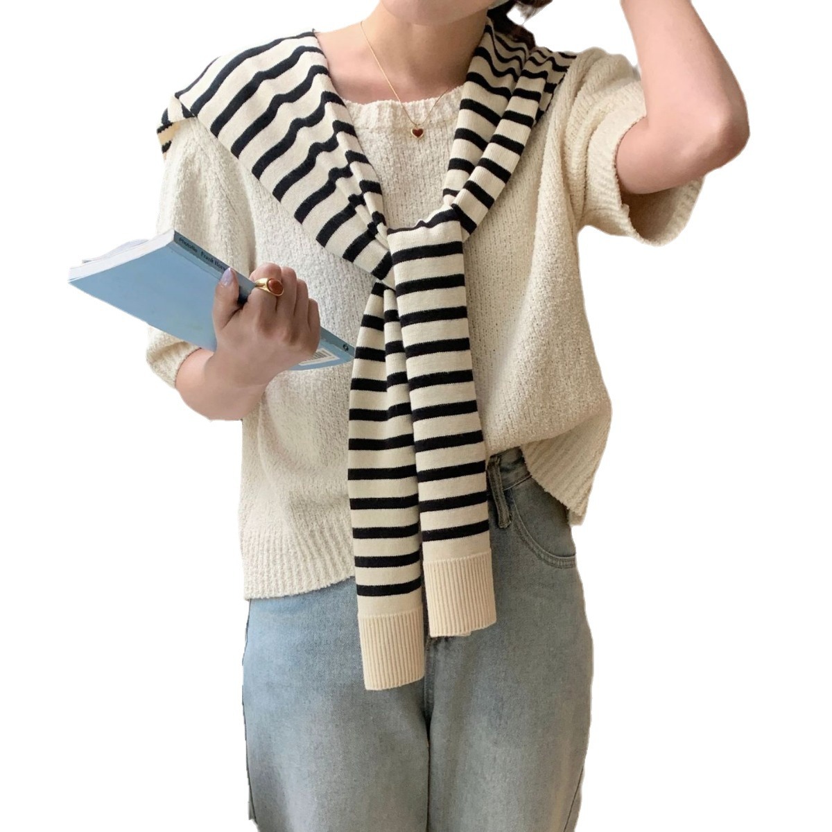 Factory direct women's spring and summer shawl sunscreen stripes outside knitted stitching fashion fake collar small shoulder waistcoat