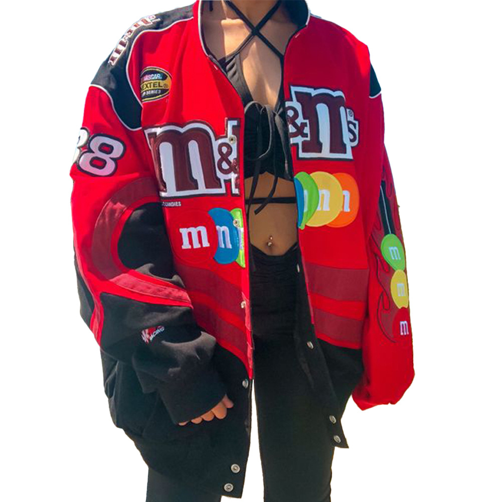 Cross-border 2023 autumn and winter New jacket Amazon motorcycle style color matching printed casual loose long sleeve personalized jacket