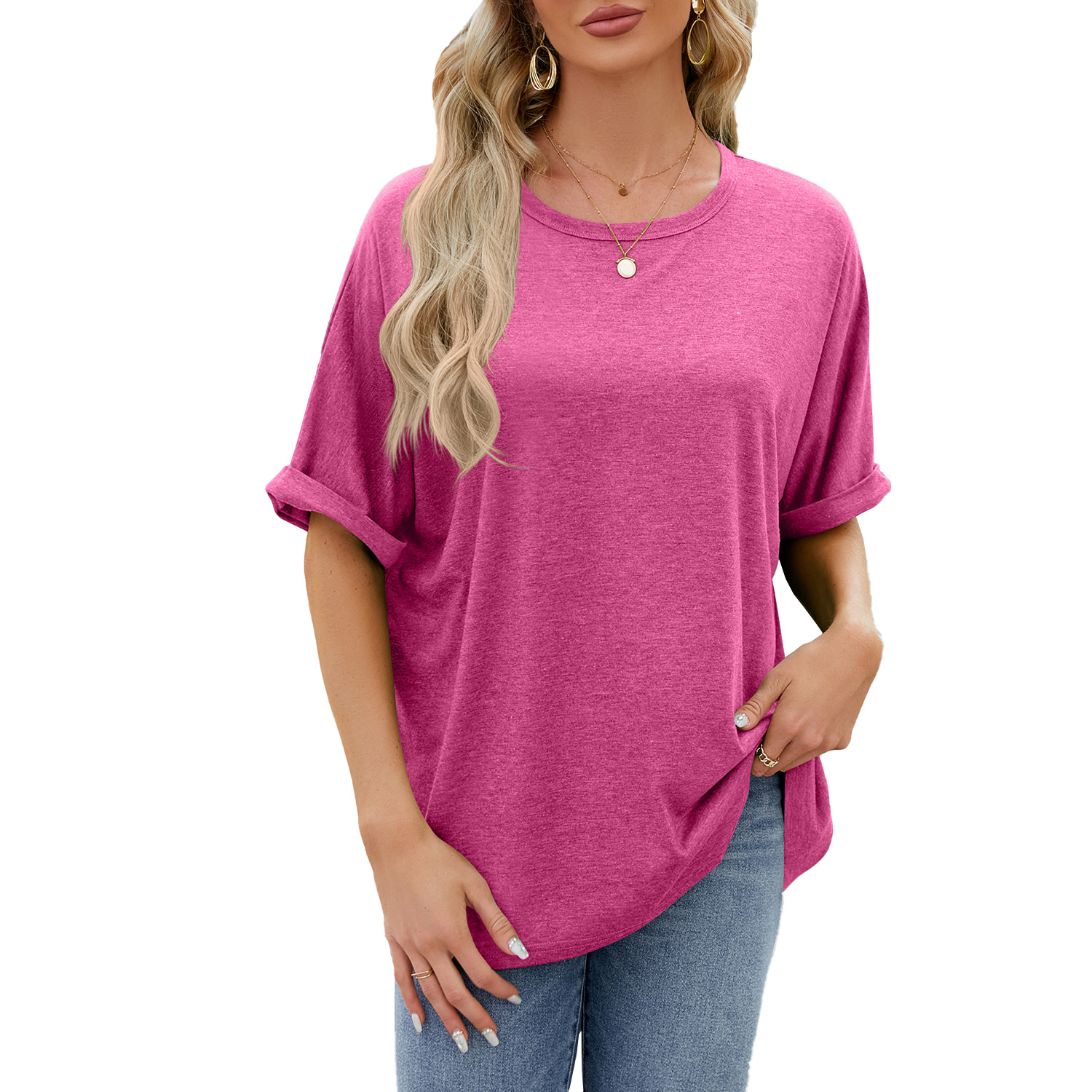 Amazon European and American cross-border foreign trade 2024 spring and summer new solid color round neck loose short sleeve T-shirt top for women in stock