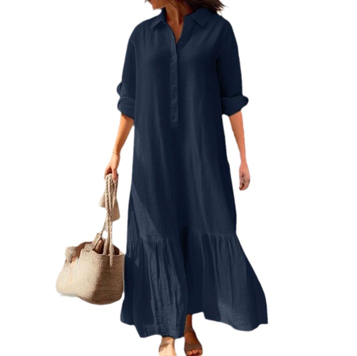 2023 foreign trade European and American new cotton and linen long irregular dress shirt collar twisted buckle casual dress