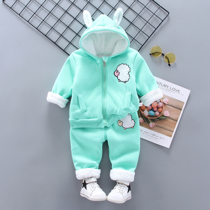 2021 autumn and winter clothing for boys and girls plus velvet suit 0-4 years old children cartoon outfits two-piece factory straight