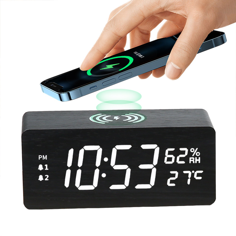 Multifunctional 15W fast charging wooden temperature and humidity wireless charging LED calendar clock sleeping alarm clock creative electronic clock