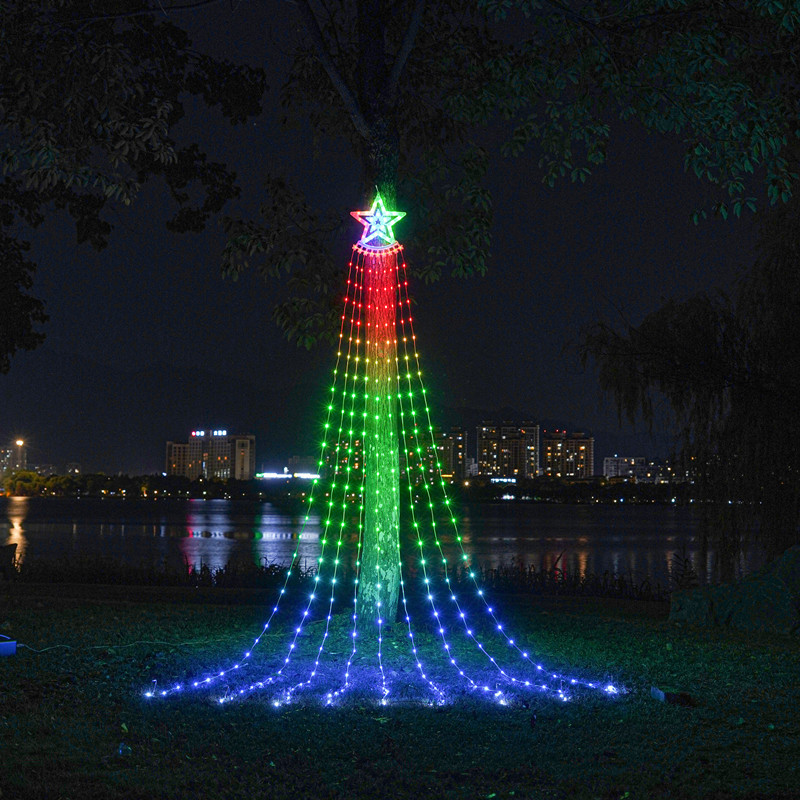 LED 五角星瀑布灯圣诞节挂树灯流水灯户外装饰灯庭院遥控太阳能灯
