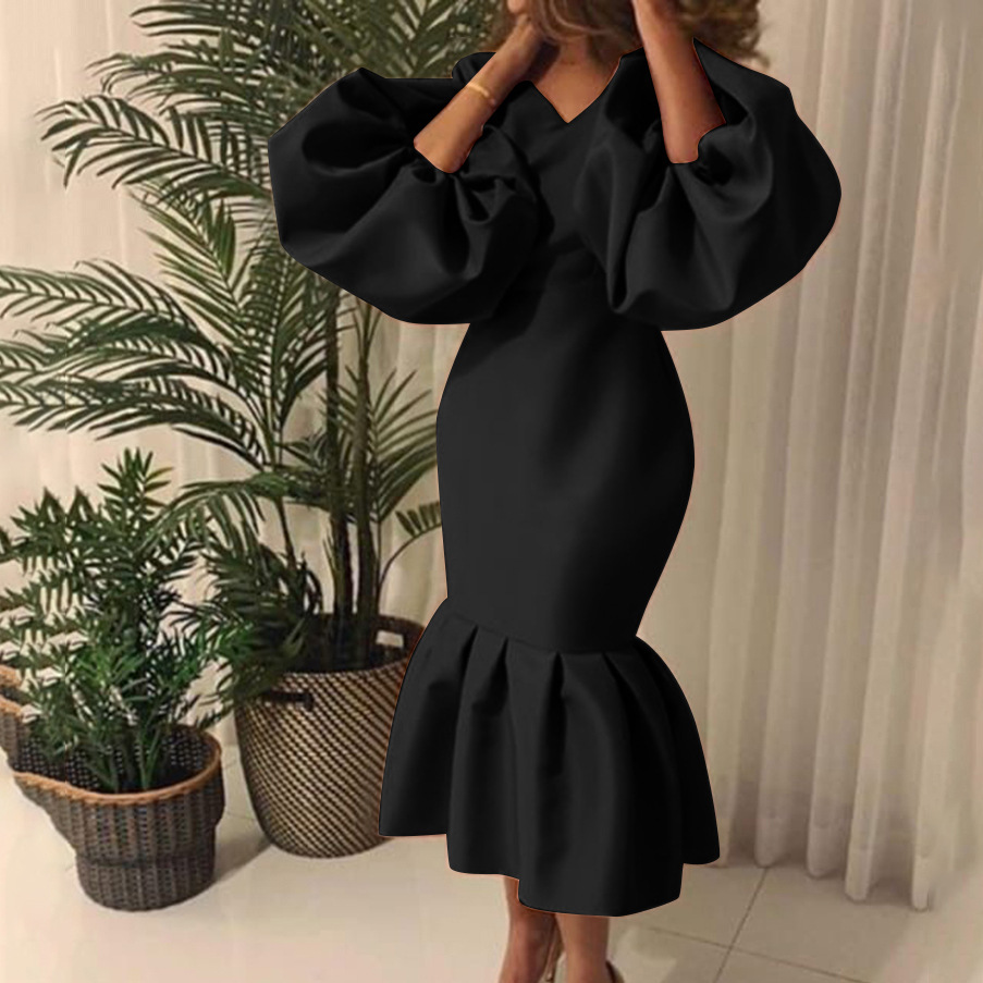 D115 Cross-border Source African Large Size Women's Fashion Solid Color V-neck Bubble Long Sleeve Fishtail Dress European and American Dress