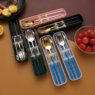 Stainless Steel Portable Tableware Chopsticks Spoon suit Fork Green Outdoor Student Storage Camping Tableware Three-piece Set