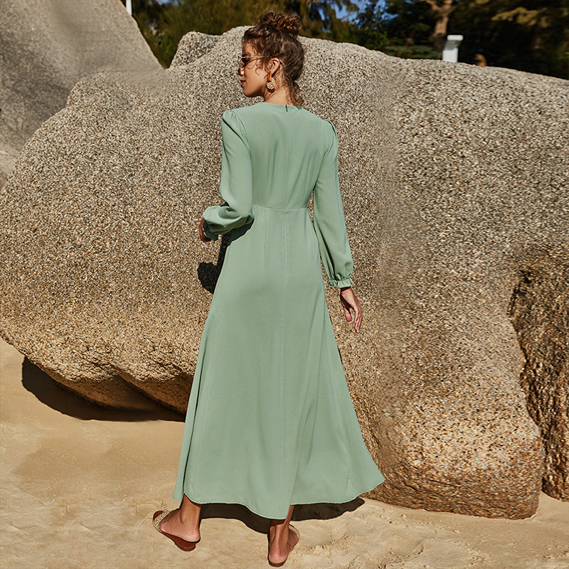 Spring and summer waist chiffon women's round neck solid color elastic sleeve large swing skirt long sleeve loose leisure ladies dress