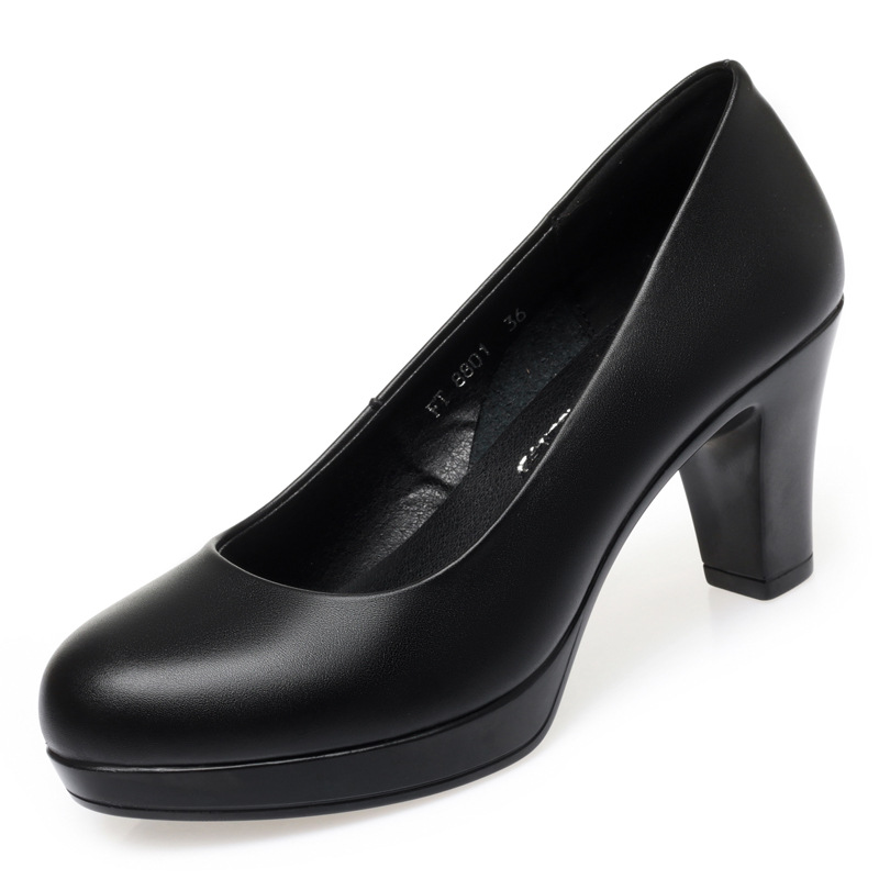Model Cheongsam Special Show High Heels Women's Waterproof Platform Thick Heel Round Toe Shoes Black Work Shoes Women's Leather Shoes