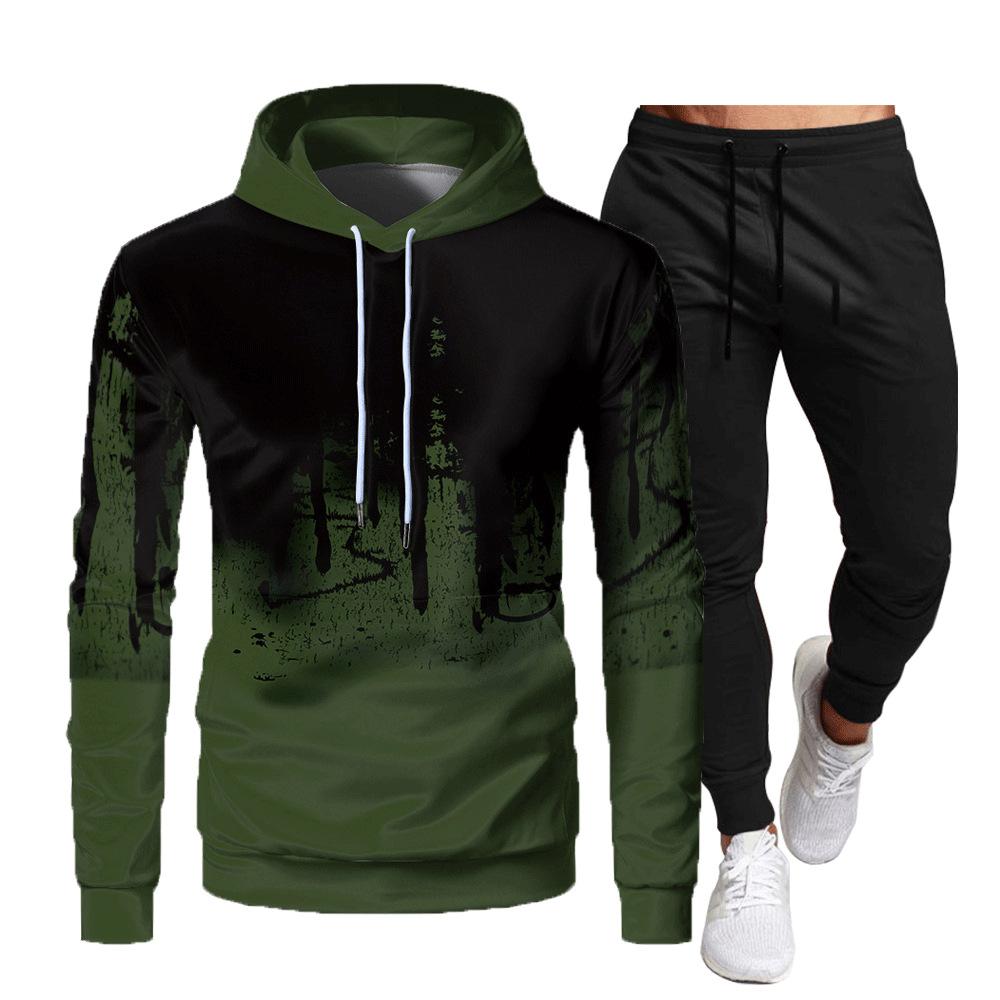 Crazy muscle men's sports casual hooded suit graffiti printing slim fit fashion simple OM cross-border suit