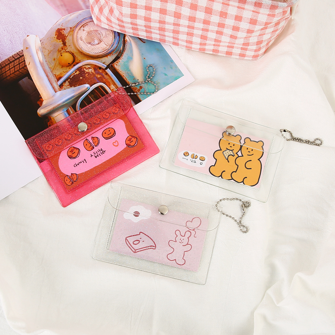 Transparent Change Card Holder Card Holder PVC Mini Glitter Snap Button Storage Rice Card Holder Cute Girl's Heart Coin Purse