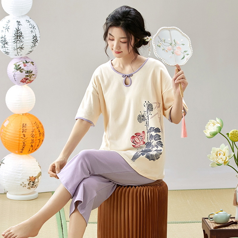 Summer New Pajamas Women's Short-sleeved Cropped Pants New Chinese Style Antique National Style Sweet Casual Home Clothes for Outer Wear