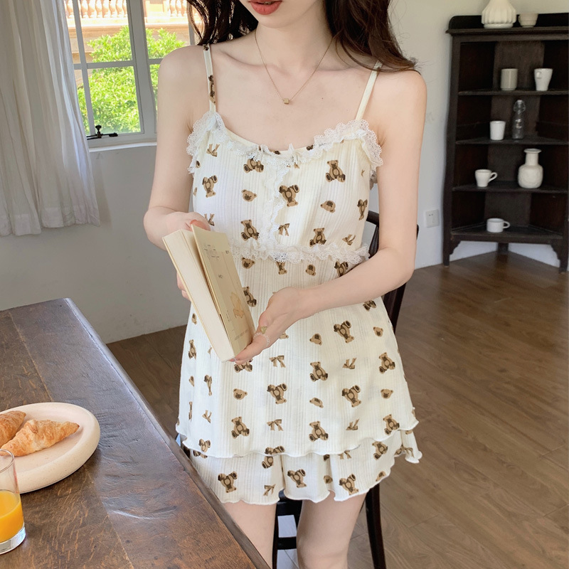 Pajamas with Chest Pad Women's Sling Summer Cartoon Bear Cute Sweet Princess Style Summer Thin Home Clothes Set