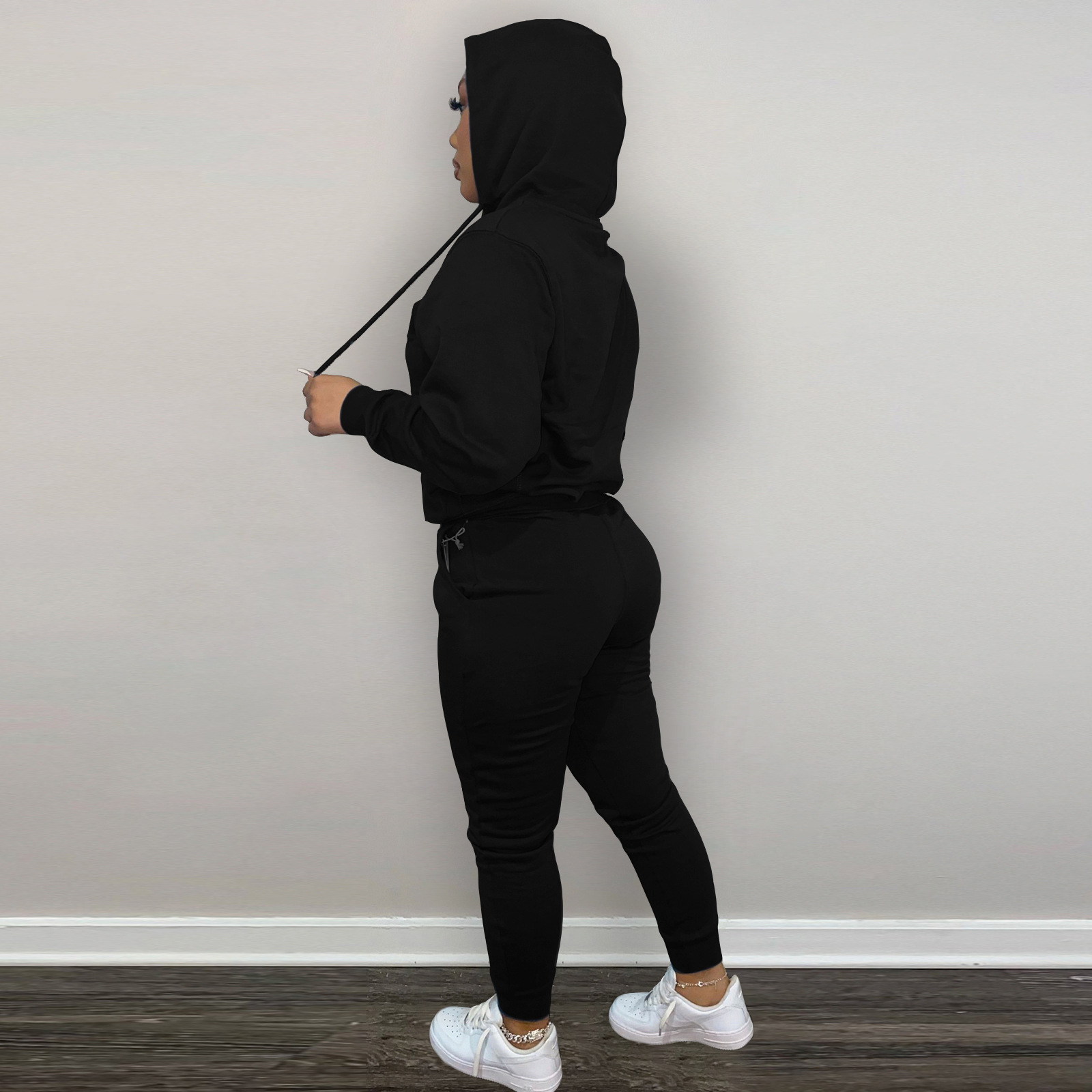 HR8197 European and American women's clothing  independent station supply autumn and winter plus velvet drawstring hooded two-piece set_voghion.com