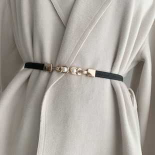 Spot Black Belt Women's Fine Elastic Small Belt Decorative Dress Shirt Pearl Buckle Belt Trendy