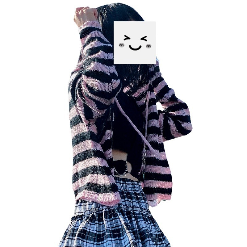 Knitwear in zipper striped women's top new European and American Gothic long sleeve hooded sweater coat short sweater