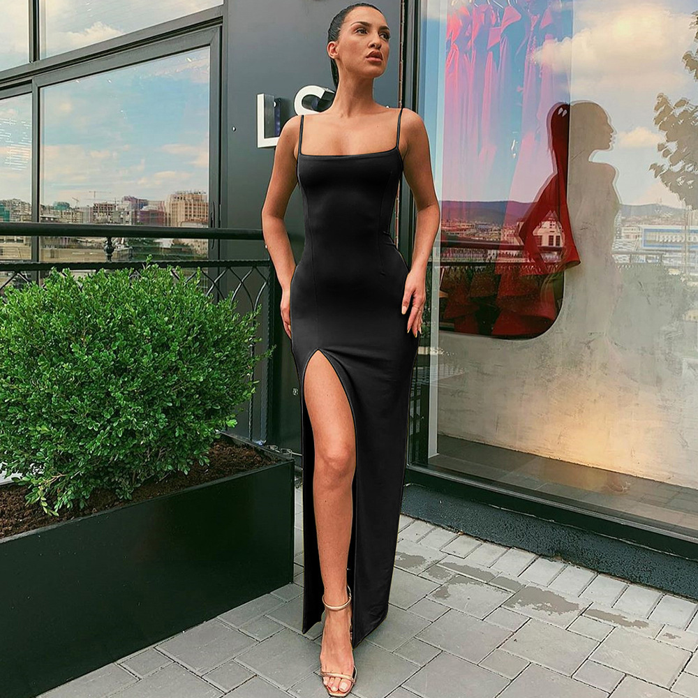  spring and summer new cross-border women's suspender neckline slim backless sexy slit dress