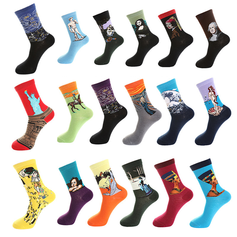 European and American Adult Fashionable Socks Men's Socks Women ins Mid-high Socks Amazon Foreign Trade Oil Painting Couple Socks
