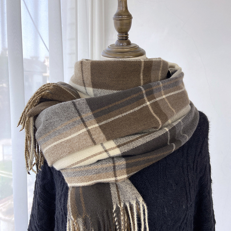 Women's Autumn/Winter New KOREAN Retro Scarf, Japanese Student Style Cashmere-like Warm Plaid Scarf with Fringes, Bulk Supply