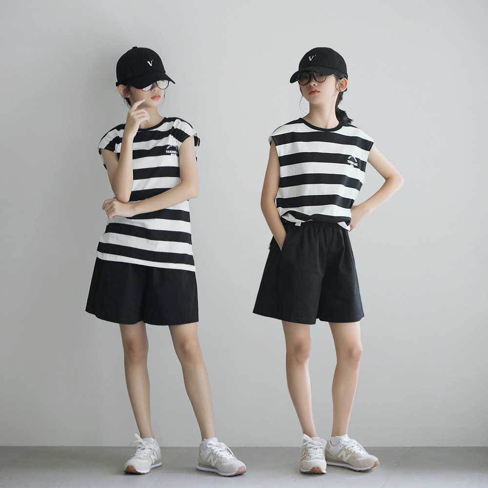 韓版女童套裝2024夏季寬肩條紋背心無袖上衣純棉短褲中大童裝裙褲