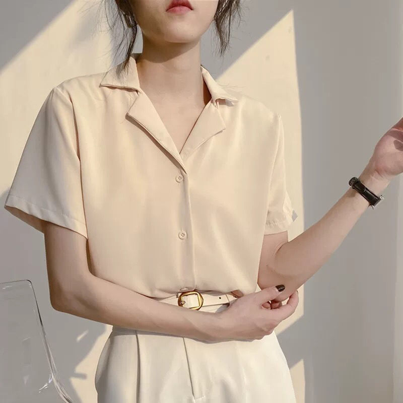 2021 Spring Clothing Academy Style Retro Korean Style Professional Suit Collar Student Summer Short Sleeve Shirt Women's Solid Color Top