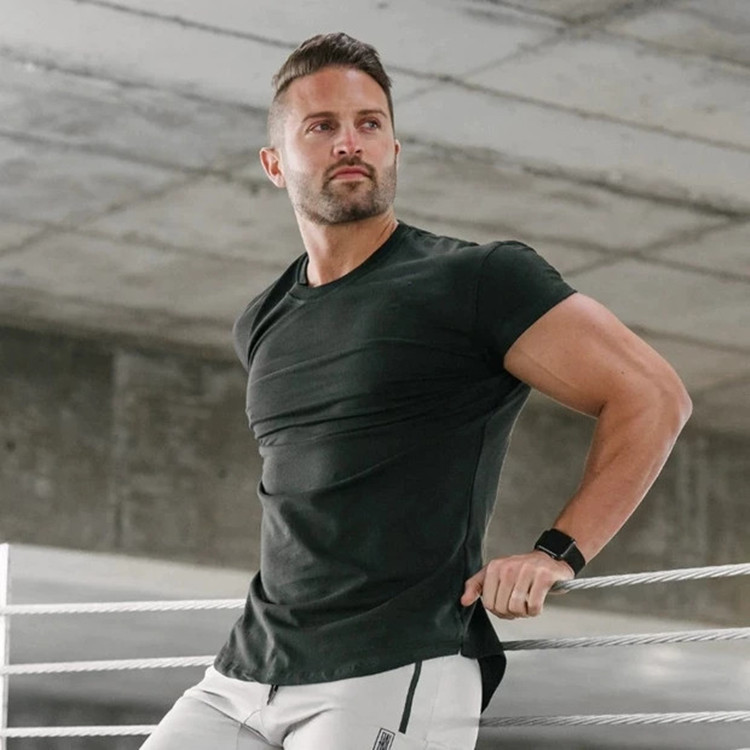Muscle Fitness Quick-drying Stretch T-shirt Men's Slim-fit Short-sleeved Top Training Clothing European and American Fashion Brand Solid Color Undershirt