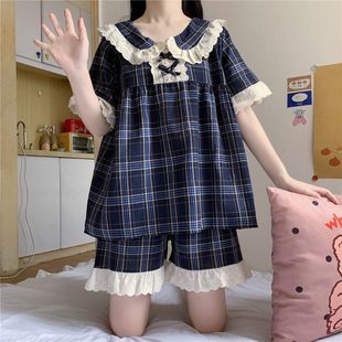 pajamas foreign trade wholesale pajamas women's summer new style outerwear ins style home clothes Korean lace plaid suit