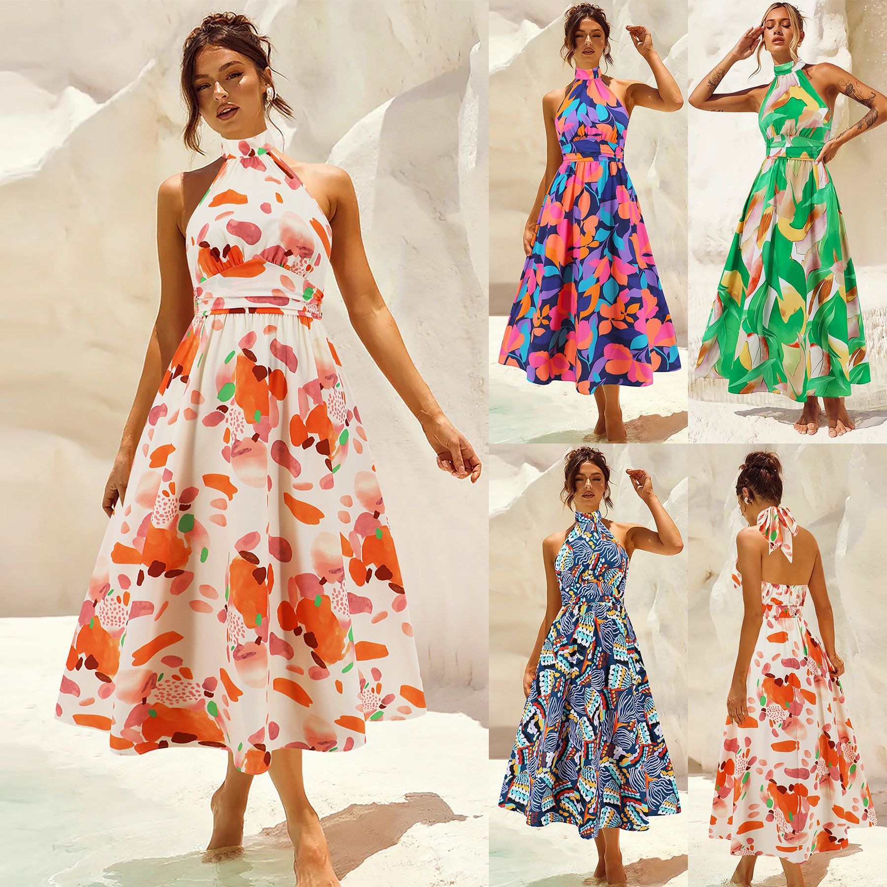 Sexy stand collar sleeveless printed skirt cross-border foreign trade women's new mid-length dress European and American foreign trade explosions