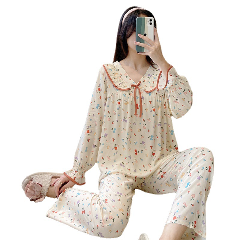 Spring and Summer 2025 New Pajamas Women's Long Sleeve Pants 40 Whole Person Cotton Silk suit Petal V-Neck Quality Home