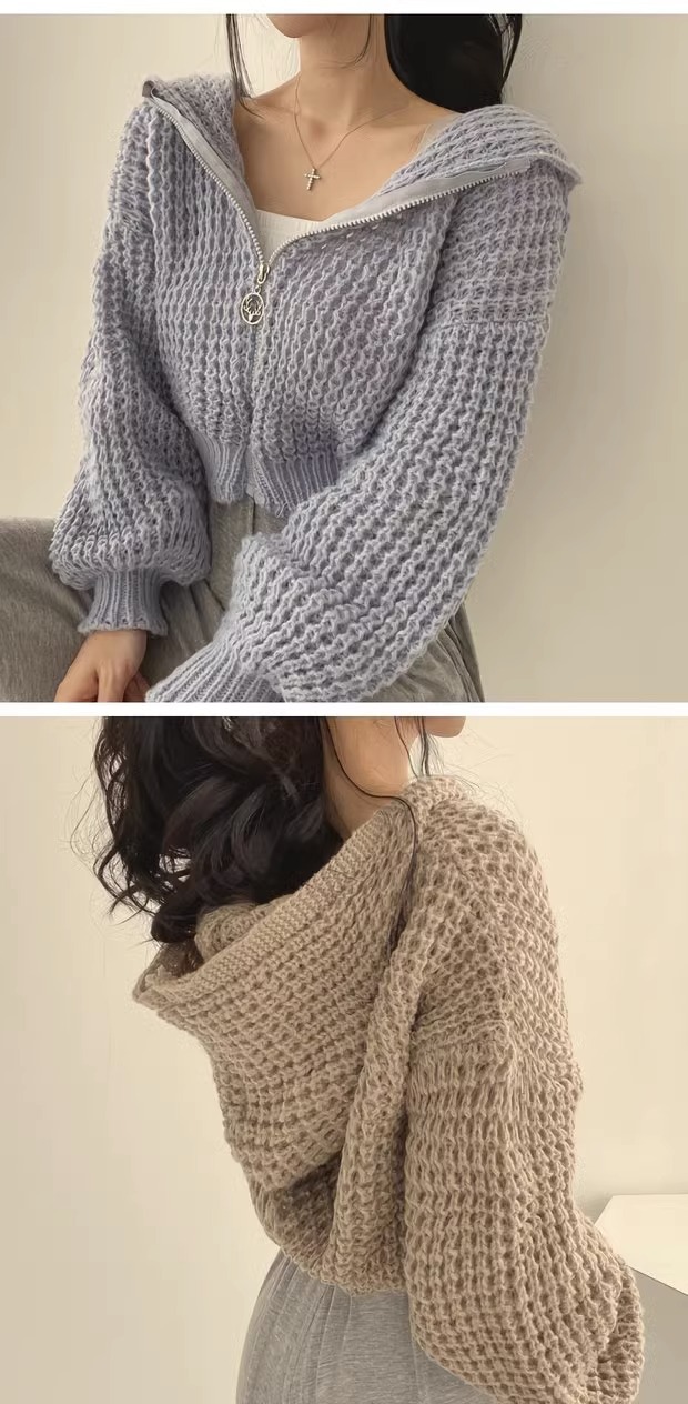 Kurzer Pullovermantel mit Kapuze 2023 Herbst und Winter Neuer Lazy Style Damendesign Dicker Nadelrevers Lockerer Pullover_voghion.com